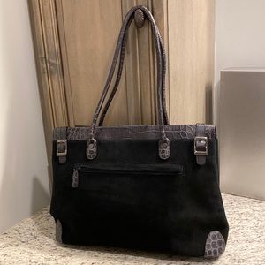 Via Spiga- BLK- Suede TOTE, leather trim. 3 zippered pockets and two pouches